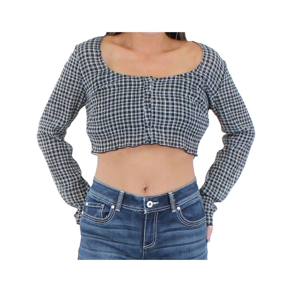 Le Lis Womens Cropped Button Front Blouse / Black + White Plaid Medium